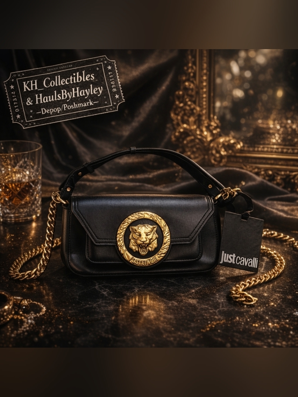 NWT Just Cavalli Black Tiger Head Plaque Convertible Crossbody Clutch Gold Chain